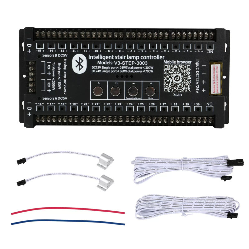 Kit iluminat inteligent pentru maxim 30 scari/trepte, Roled®, 5 Trepte viteza, 500W, Bluetooth, Aplicatie dedicata